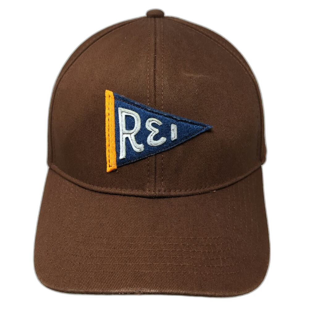 REI Snapback Hat Brown One Size Embroidered Pennant Logo Patch Cotton 6 Panel